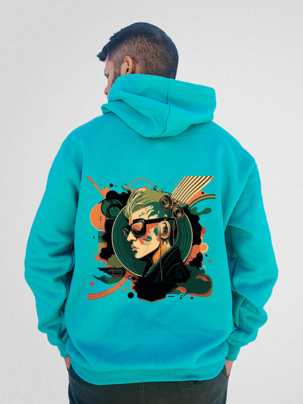 Buzo canguro oversize verde aqua con estampa de chico de perfil en DTF