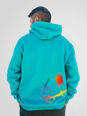 Buzo canguro oversize verde aqua con estampa de XD de colores estilo graffiti en DTF